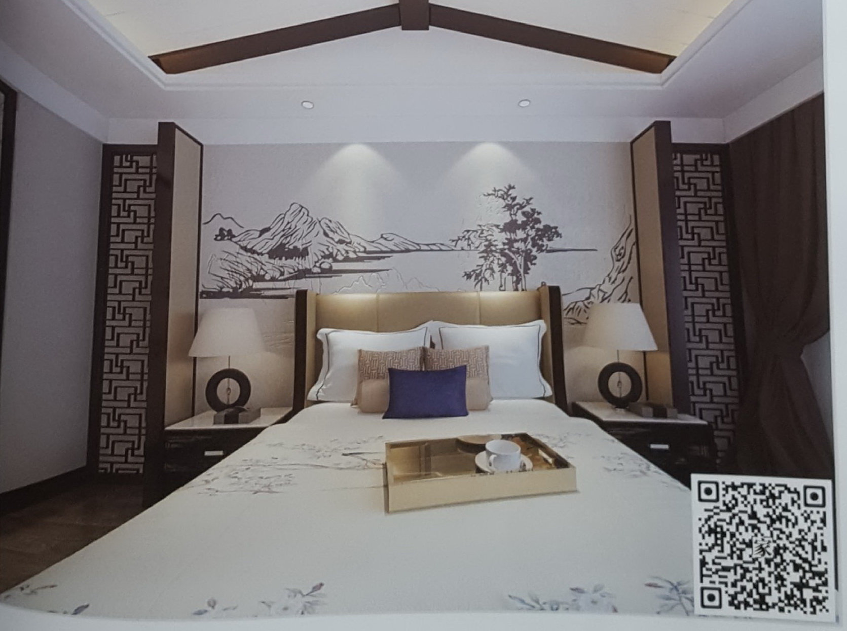 VR全景新中式风床头背景忆江南山水画150