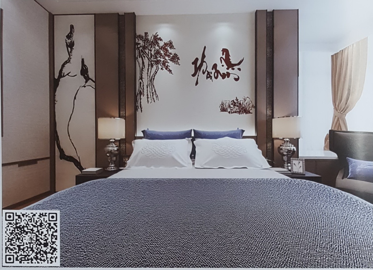 VR全景新中式风格床头背景马到功成178