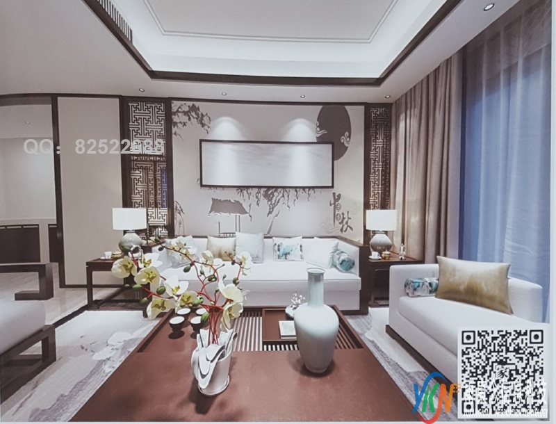 VR全景新中式风格沙发背景中秋山水字画195