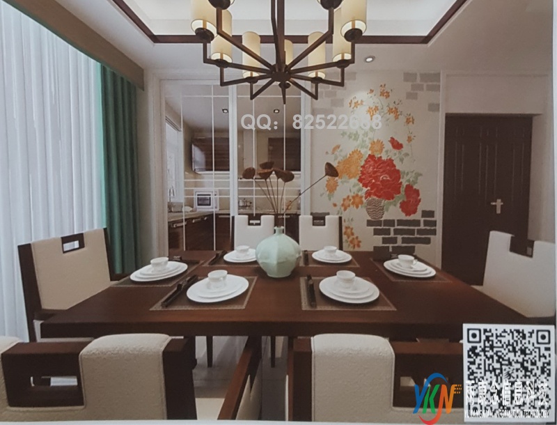 VR全景新中式风格餐厅背景砖艺花篮210