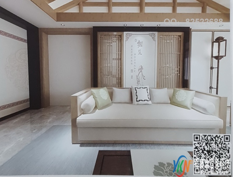 VR全景新中式风格沙发背景知足字画215