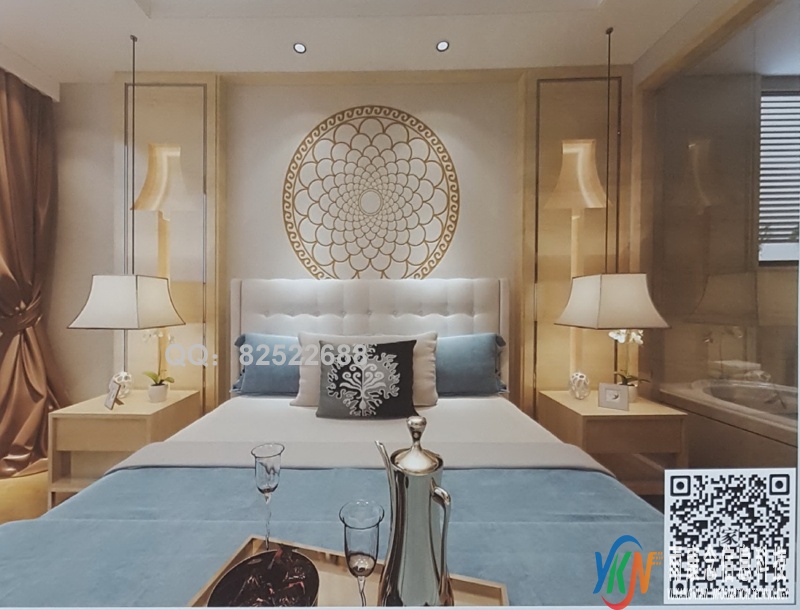 VR全景新中式风格床头背景圆形祥云218