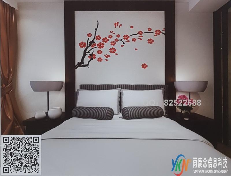 VR全景新中式风格床头背景红梅221