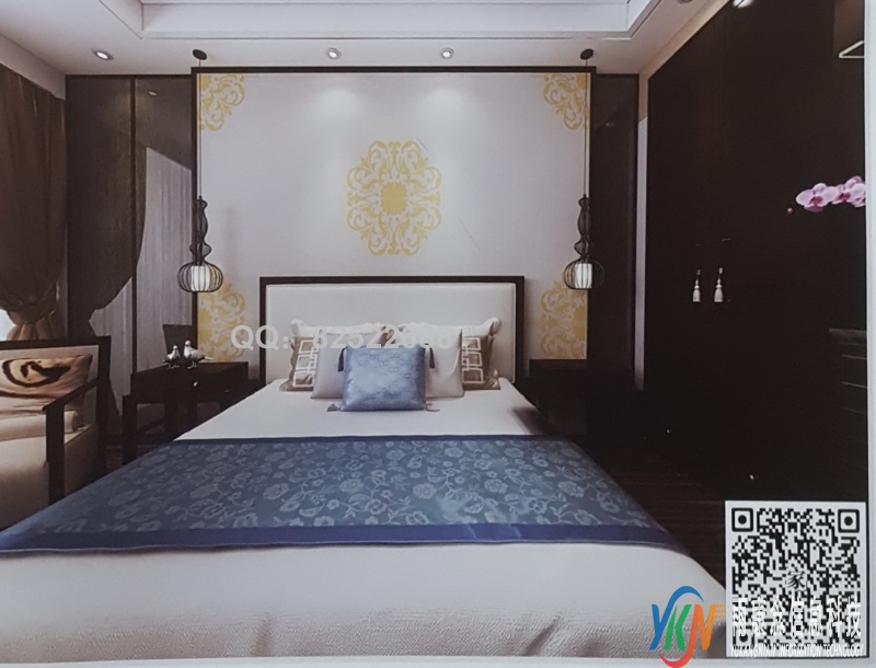 VR全景新中式风格床头背景四角对花227