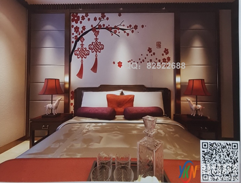 VR全景新中式风格床头背景红梅福239